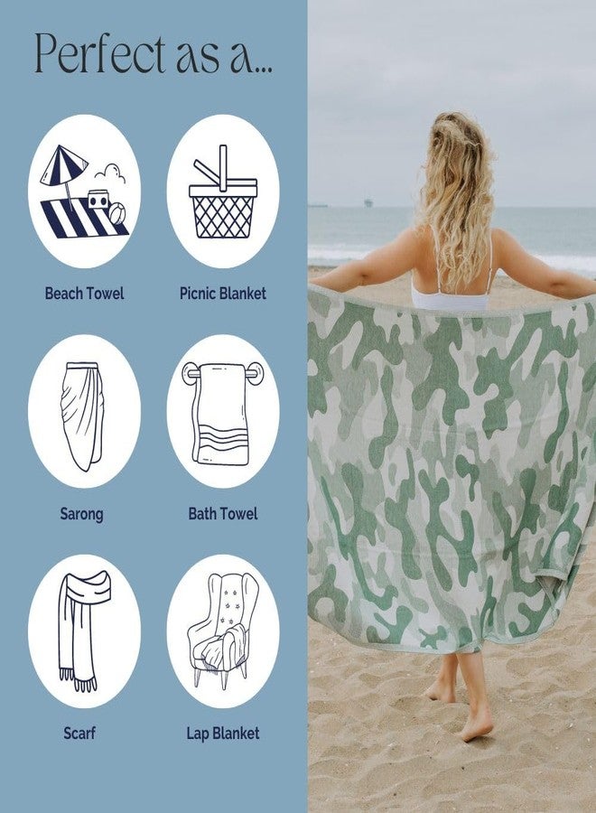 InfuseZen Turkish Bath & Beach Towel - Reversible Camouflage Print - 100% Organic Turkish Cotton - Soft, Lightweight, Absorbent Peshtemal, Quick Dry, Sand Free - Gym, Throw, Travel - Green Camo - Image 5