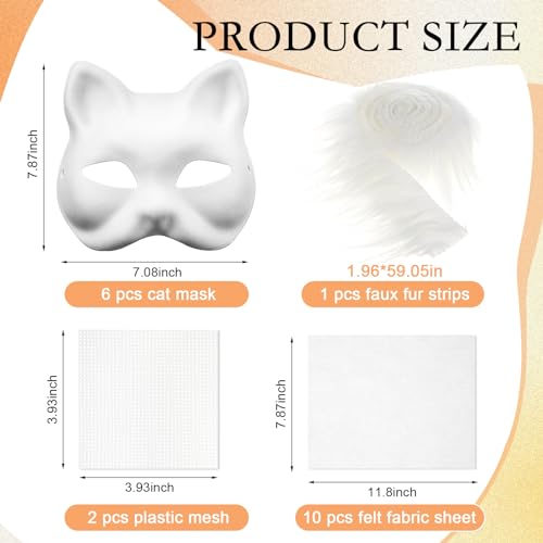 Seenelling 19 Pcs DIY Therian Mask Kit Blank Cat Mask with Felt Fabric Sheet Plush Faux Fur Eye Mesh for Therian Gear Stuff (White Color) - Image 2
