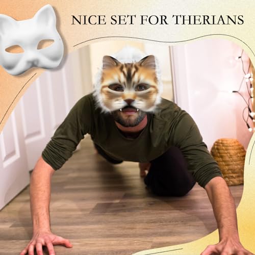 Seenelling 19 Pcs DIY Therian Mask Kit Blank Cat Mask with Felt Fabric Sheet Plush Faux Fur Eye Mesh for Therian Gear Stuff (White Color) - Image 3