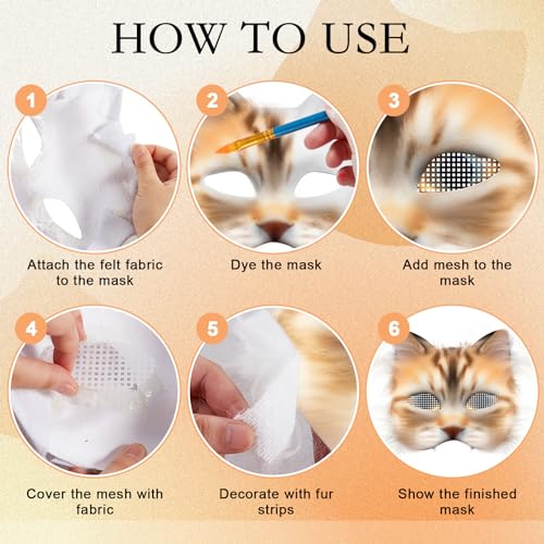Seenelling 19 Pcs DIY Therian Mask Kit Blank Cat Mask with Felt Fabric Sheet Plush Faux Fur Eye Mesh for Therian Gear Stuff (White Color) - Image 4