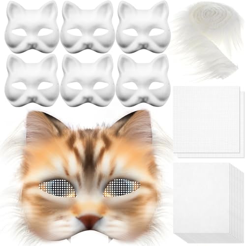 Seenelling 19 Pcs DIY Therian Mask Kit Blank Cat Mask with Felt Fabric Sheet Plush Faux Fur Eye Mesh for Therian Gear Stuff (White Color) - Image 1