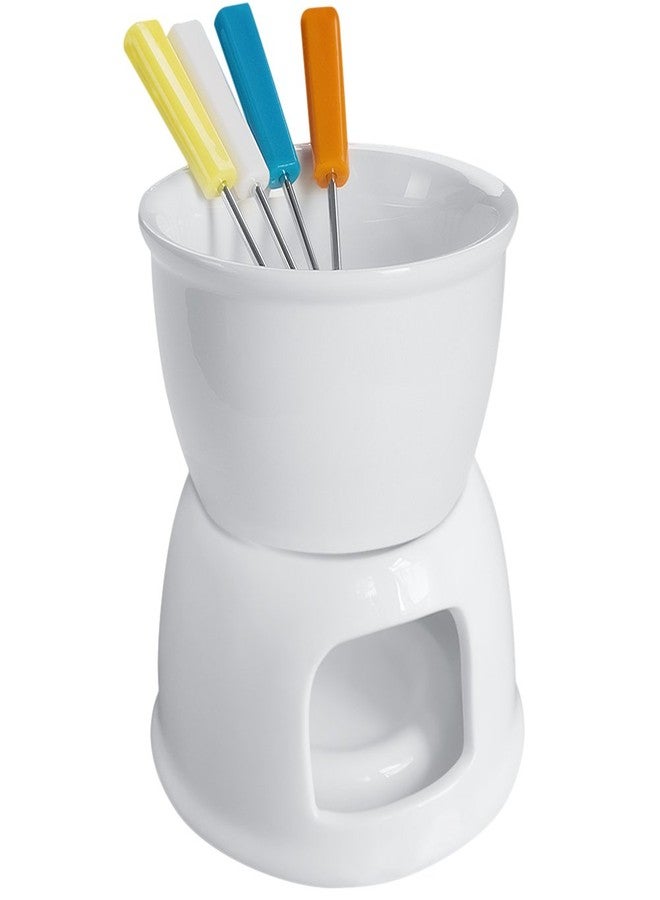 تيبري طقم فوندو تيبيري مع 4 شوكات ملونة، وعاء خزفي فاخر لإذابة الجبن والشوكولاتة والمقبلات - أبيض - Image 1