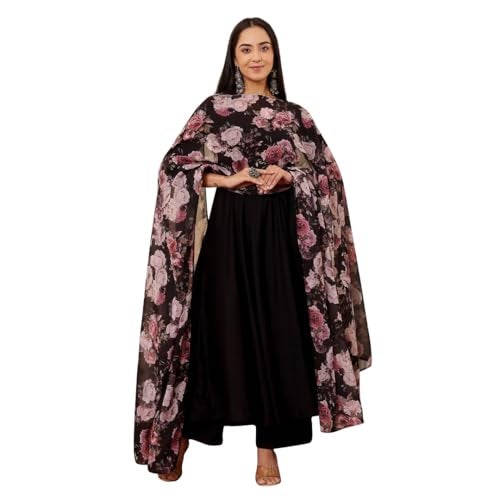Toochki Kurti Set for Women | Anarkali Fit & Flared Kurtas for Women's | Cotton Kurtis for Woman | Kurta with Palazzo & Dupatta | Ethnic Salwar Suits Sets Black - Image 1