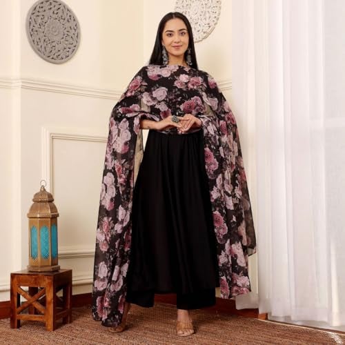 Toochki Kurti Set for Women | Anarkali Fit & Flared Kurtas for Women's | Cotton Kurtis for Woman | Kurta with Palazzo & Dupatta | Ethnic Salwar Suits Sets Black - Image 2