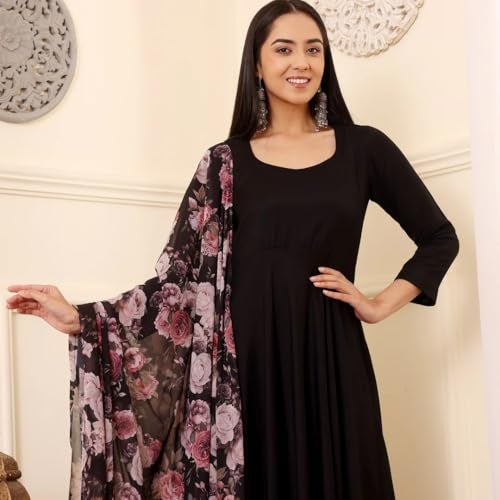 Toochki Kurti Set for Women | Anarkali Fit & Flared Kurtas for Women's | Cotton Kurtis for Woman | Kurta with Palazzo & Dupatta | Ethnic Salwar Suits Sets Black - Image 3