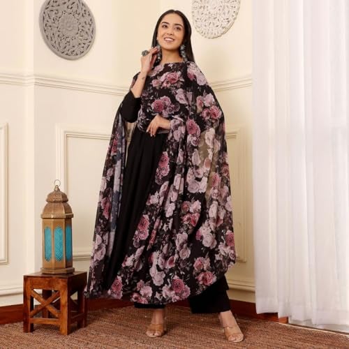 Toochki Kurti Set for Women | Anarkali Fit & Flared Kurtas for Women's | Cotton Kurtis for Woman | Kurta with Palazzo & Dupatta | Ethnic Salwar Suits Sets Black - Image 4