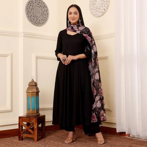 Toochki Kurti Set for Women | Anarkali Fit & Flared Kurtas for Women's | Cotton Kurtis for Woman | Kurta with Palazzo & Dupatta | Ethnic Salwar Suits Sets Black - Image 5