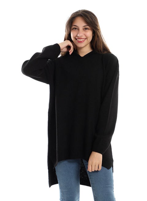 بلوفر مريح بغطاء للرأس سهل الارتداء - أسود