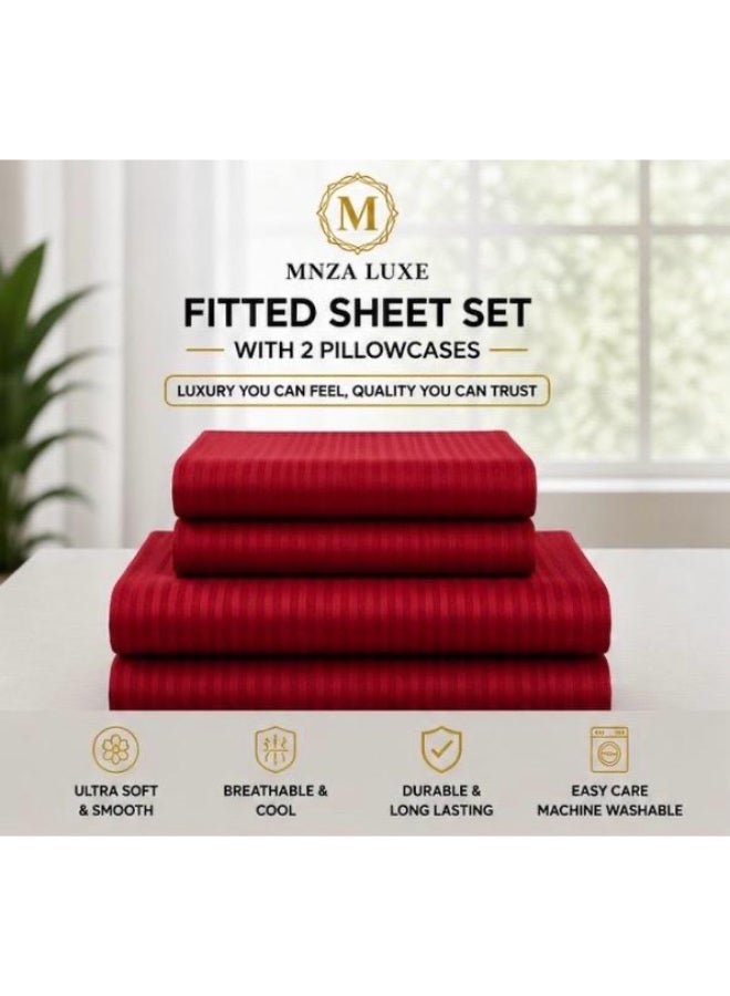MNZA LUXE طقم شرشف سرير مطاطي من المايكروفايبر بتصميم خطوط 1 سم، يشمل شرشف سرير مطاطي واحد + 2 غطاء وسادة | فائق النعومة، قابل للتنفس ومقاوم للتجاعيد | لون أحمر - Image 4