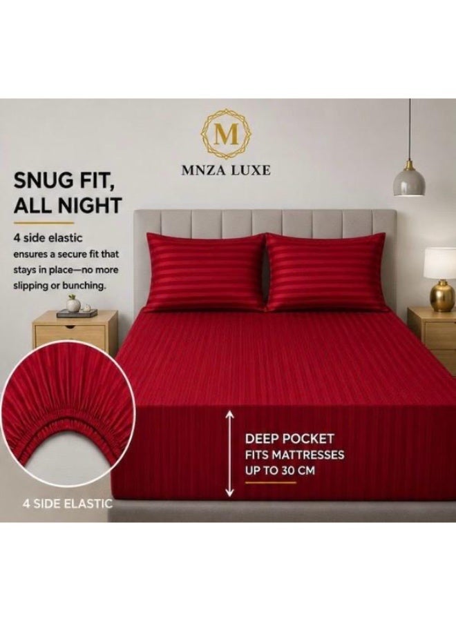 MNZA LUXE طقم شرشف سرير مطاطي من المايكروفايبر بتصميم خطوط 1 سم، يشمل شرشف سرير مطاطي واحد + 2 غطاء وسادة | فائق النعومة، قابل للتنفس ومقاوم للتجاعيد | لون أحمر - Image 1