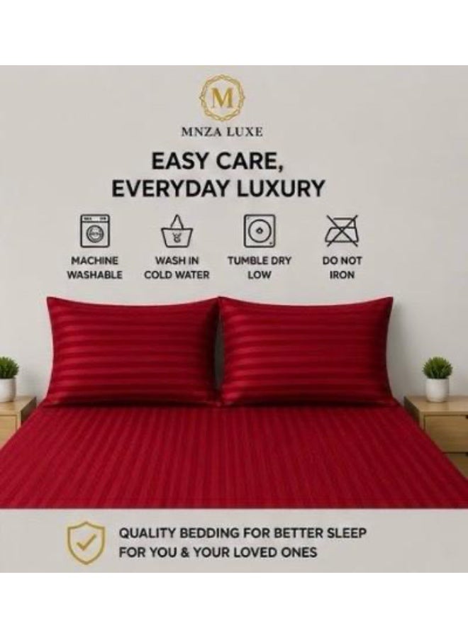 MNZA LUXE طقم شرشف سرير مطاطي من المايكروفايبر بتصميم خطوط 1 سم، يشمل شرشف سرير مطاطي واحد + 2 غطاء وسادة | فائق النعومة، قابل للتنفس ومقاوم للتجاعيد | لون أحمر - Image 3