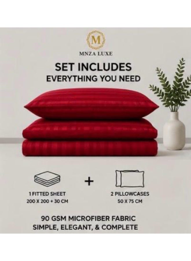 MNZA LUXE طقم شرشف سرير مطاطي من المايكروفايبر بتصميم خطوط 1 سم، يشمل شرشف سرير مطاطي واحد + 2 غطاء وسادة | فائق النعومة، قابل للتنفس ومقاوم للتجاعيد | لون أحمر - Image 2