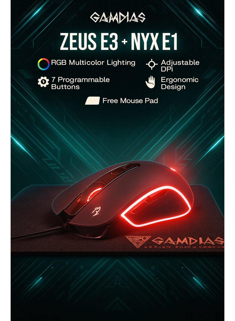Gamdias ZEUS E3 Optical Gaming Mouse with RGB Lighting - 7 Programmable Buttons + NYX E1 Gaming Pad - USB - Black - Image 3