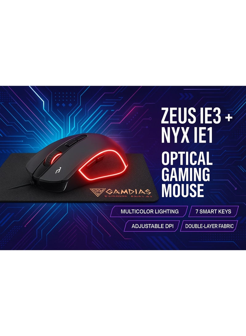 Gamdias ZEUS E3 Optical Gaming Mouse with RGB Lighting - 7 Programmable Buttons + NYX E1 Gaming Pad - USB - Black - Image 4