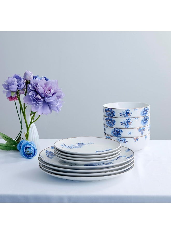 Stone Lain Viola 12Piece Dinnerware Set Porcelain Plates and Bowls Set Dish Set for 4 Microwave and dishwasher Safe Blue - Image 3