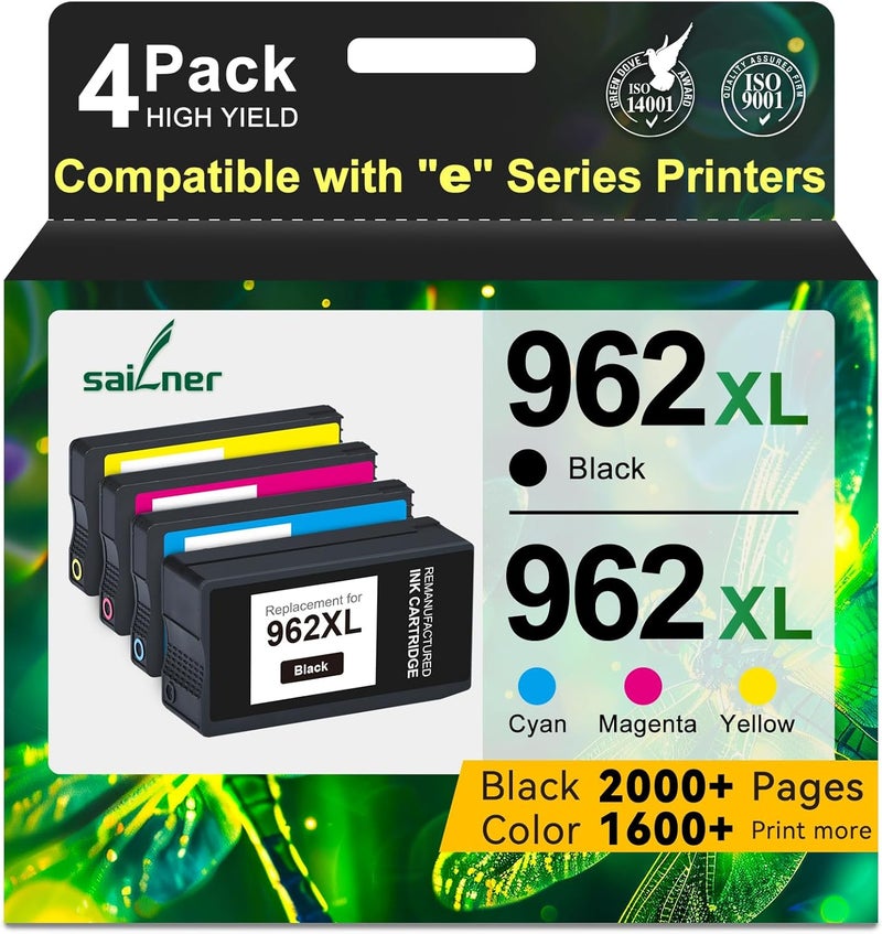 خراطيش حبر 962XL من HP، مجموعة خراطيش حبر 962XL متوافقة مع طابعات HP Officejet Pro 9015e 9010 9025e 9015 9025 9018e 9025e 9020، لطابعة HP 962 (4 عبوات) - Image 1