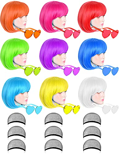LOHO MAGICA 9 Pack Colored Wigs Funky Colorful Wigs Short Bob Hair Wigs Neon Party Wig Cosplay Wig with Rimless Heart Shape Sunglasses One Size for All Women Kids Adults Halloween Costume Night Club