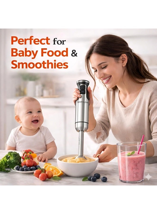 SILVER LOVE 500W 4-in-1 Powerful Hand Blender Immersion Stick Mixer with Stainless Steel Titanium Coated Blade,2 Speed Control 860ml Chopper Bowl 600ml Beaker Whisk Electric Smoothie Soup Baby Food Maker - Image 5
