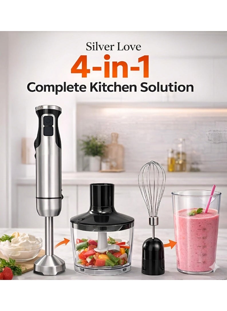 SILVER LOVE 500W 4-in-1 Powerful Hand Blender Immersion Stick Mixer with Stainless Steel Titanium Coated Blade,2 Speed Control 860ml Chopper Bowl 600ml Beaker Whisk Electric Smoothie Soup Baby Food Maker - Image 3