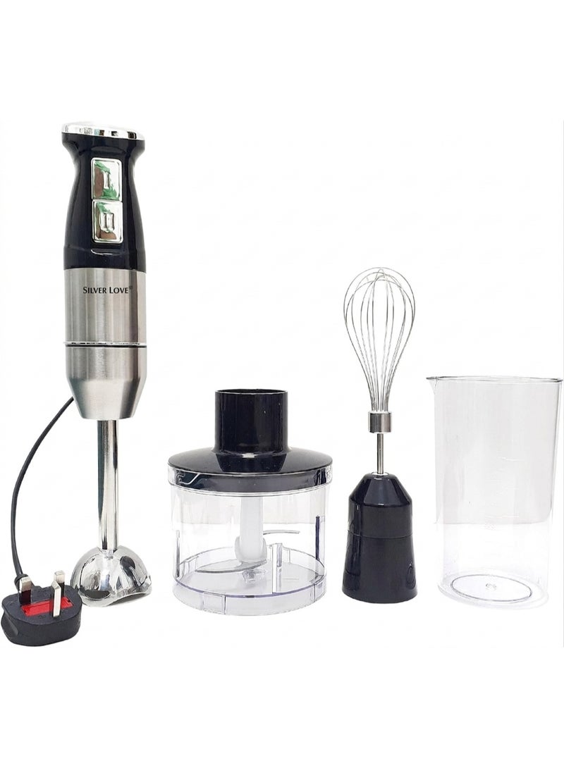 SILVER LOVE 500W 4-in-1 Powerful Hand Blender Immersion Stick Mixer with Stainless Steel Titanium Coated Blade,2 Speed Control 860ml Chopper Bowl 600ml Beaker Whisk Electric Smoothie Soup Baby Food Maker - Image 1