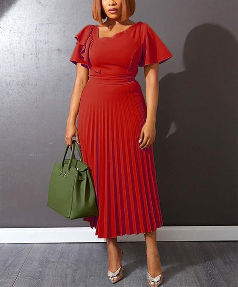 AOMEI Women's Red Short Sleeve Asymmetrical Ruffles High Waist Pleated Hem Midi Spring Dress (3XL,3X-Large) - Image 2