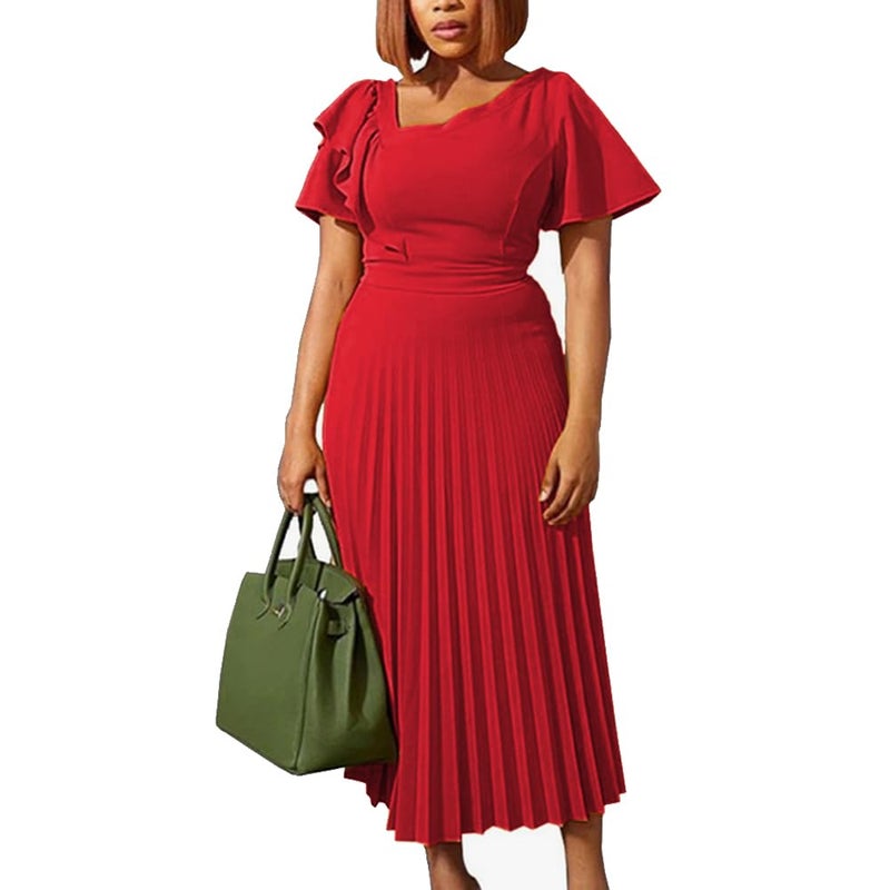 AOMEI Women's Red Short Sleeve Asymmetrical Ruffles High Waist Pleated Hem Midi Spring Dress (3XL,3X-Large) - Image 1