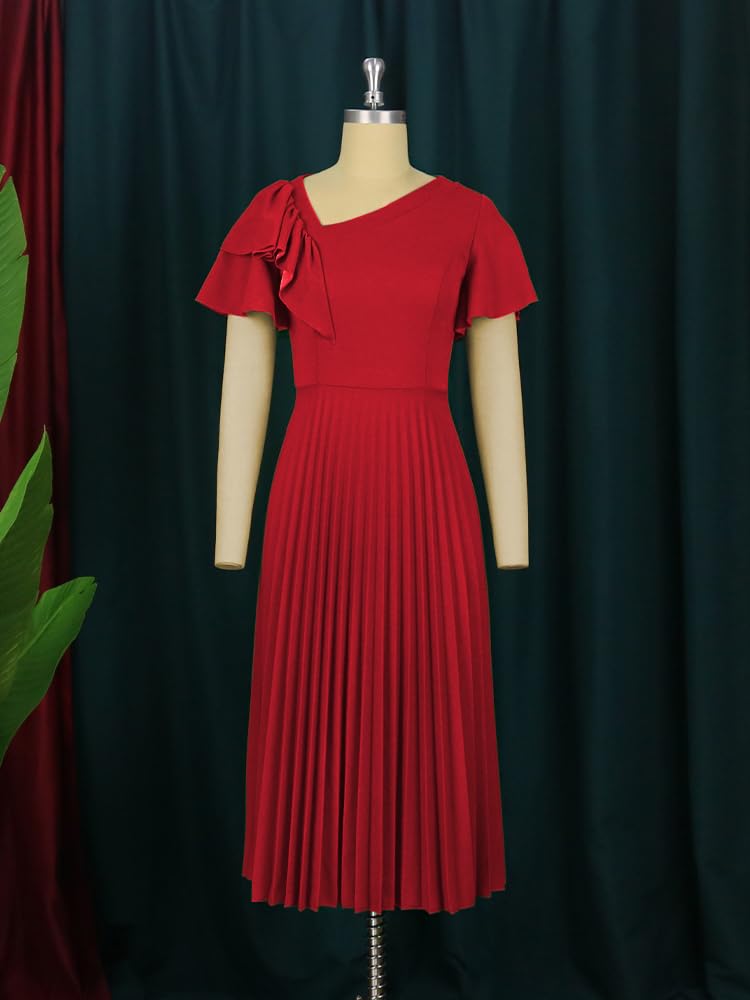 AOMEI Women's Red Short Sleeve Asymmetrical Ruffles High Waist Pleated Hem Midi Spring Dress (3XL,3X-Large) - Image 3