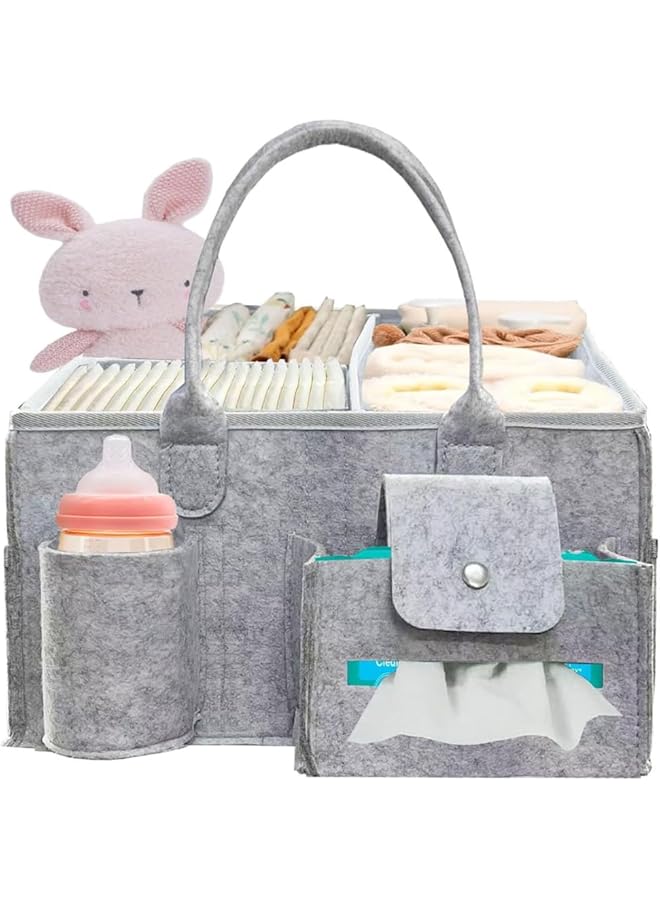 XiuWoo Baby Diaper Caddy Organizer Portable Diapers Storage Tote Bag With Roll Lid And Removable Dividers For Changing Table Or Car Caddy Storage Nursery Bin 15X9X7 In  - Image 1