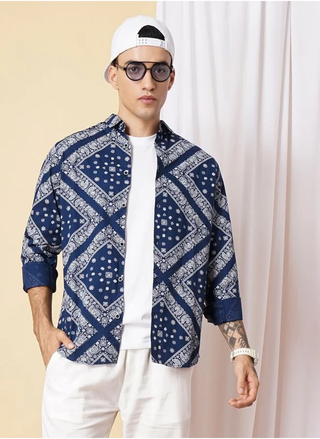 شركة المرآب الهندية Men Regular Fit Paisley Printed Full Sleeves Cutaway Collar Casual Shirt