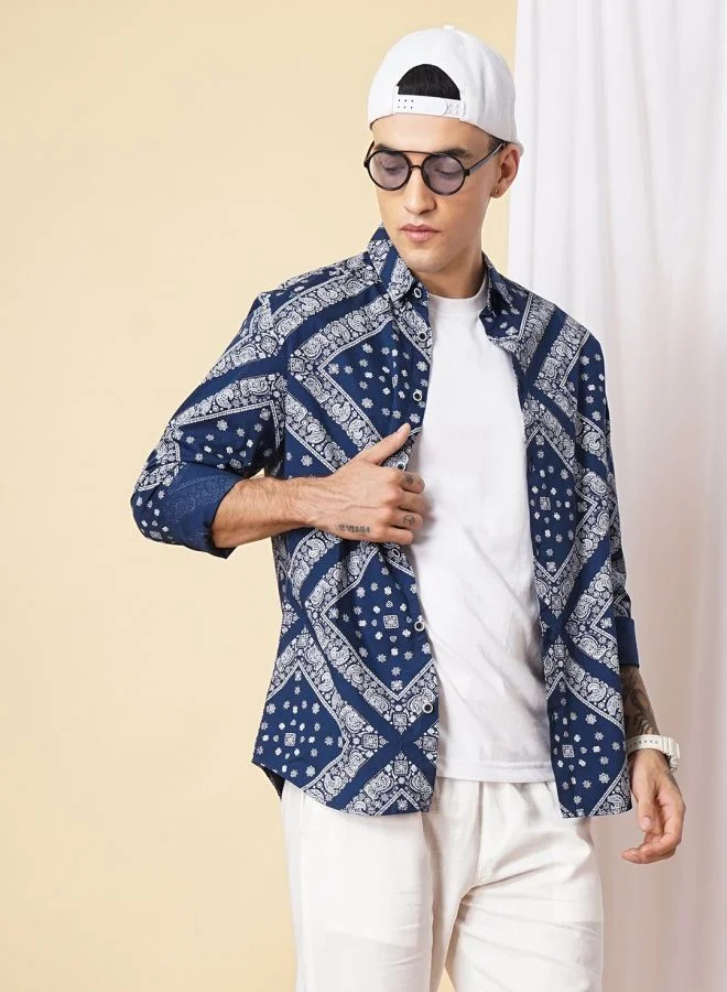 شركة المرآب الهندية Men Regular Fit Paisley Printed Full Sleeves Cutaway Collar Casual Shirt