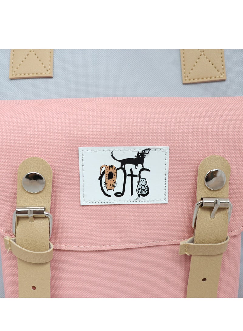بيج ديزاين حقيبة ظهر للكمبيوتر المحمول مقاس 14 إنش من Biggdesign بتصميم القطط ومضادة للسرقة مع منفذ USB للشحن باللون الوردي. - Image 4