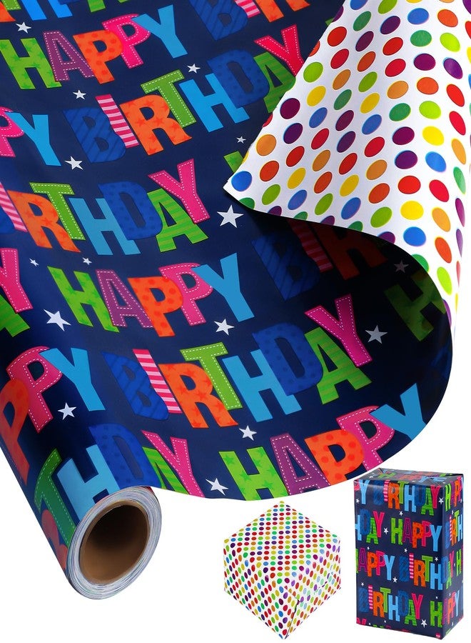 woric Reversible Birthday Wrapping Paper Roll 17 Inch x 36 Feet Happy Birthday Lettering Gift Wrapping Paper for Boys Girls Kids Party, Baby Shower, Holiday - Image 1