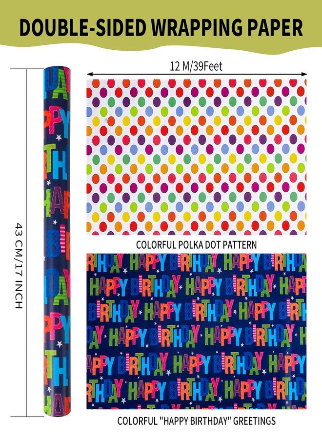 woric Reversible Birthday Wrapping Paper Roll 17 Inch x 36 Feet Happy Birthday Lettering Gift Wrapping Paper for Boys Girls Kids Party, Baby Shower, Holiday - Image 2