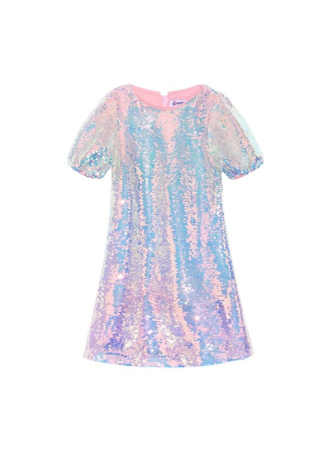 WELAKEN Girls Sequin Dress Sparkly Fancy Short Puff Sleeves Gradient Party Dress - Image 1