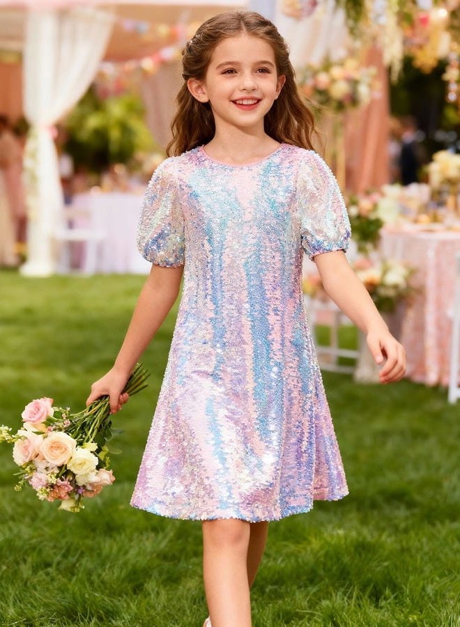 WELAKEN Girls Sequin Dress Sparkly Fancy Short Puff Sleeves Gradient Party Dress - Image 3
