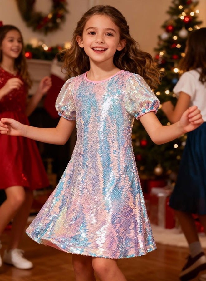 WELAKEN Girls Sequin Dress Sparkly Fancy Short Puff Sleeves Gradient Party Dress - Image 4