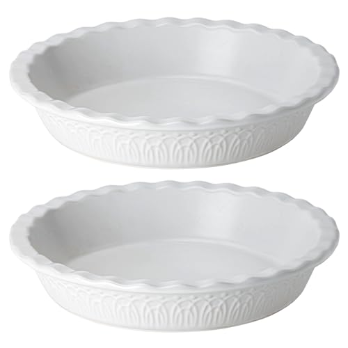 Fun Elements Ceramic Pie Pan 9 Inch Pie Dish for Baking Ruffled Pie Plate NonStick Deep Dish Pie Pan for Apple Pie and Pot Pie Thanksgiving Christmas Gifts Set of 2 White