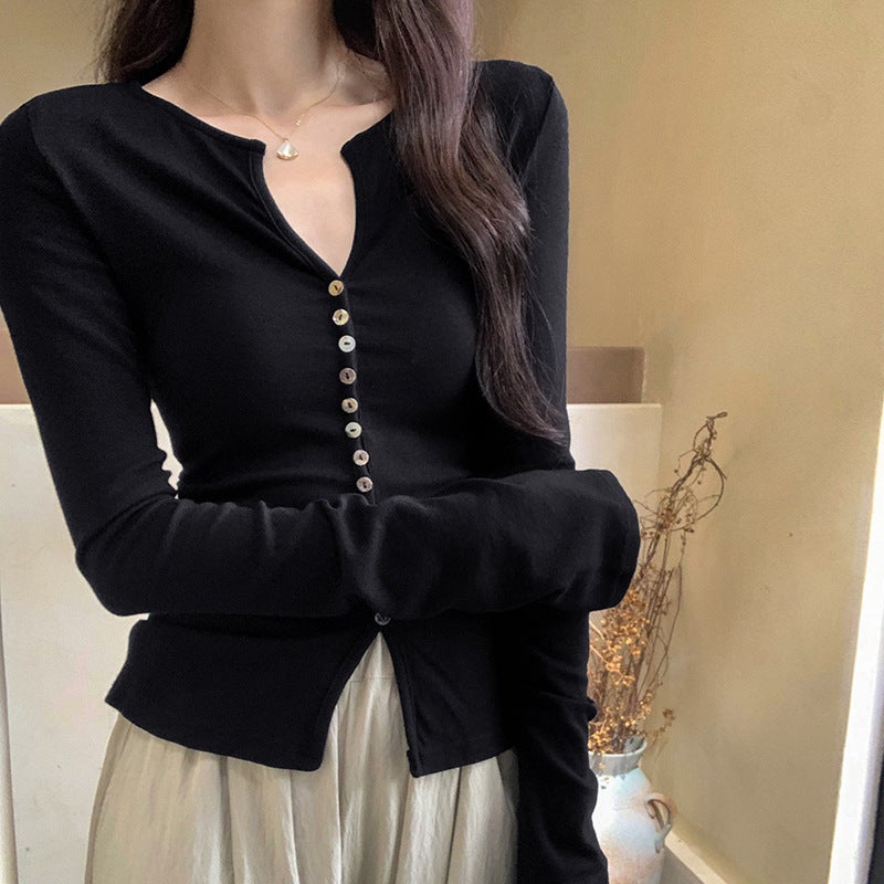 Korean Chic V-Neck Pleated Sunscreen T-shirt for Women black - Image 1