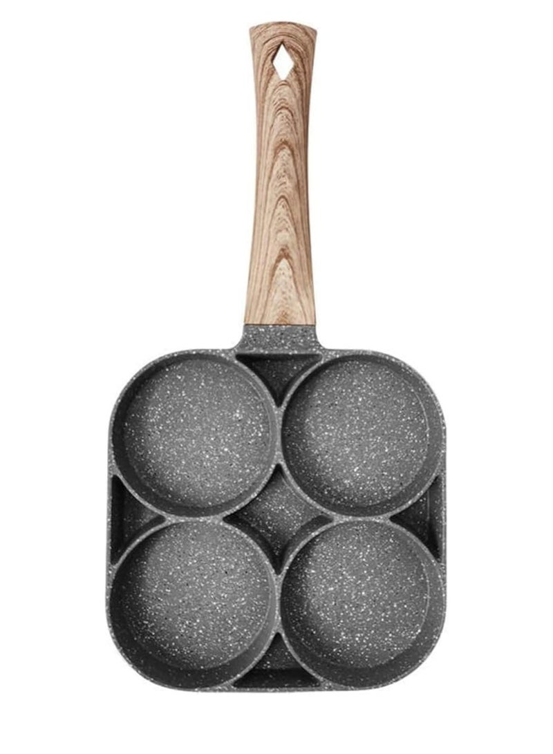 4 Hole Omelet Pan for Burger Eggs, Ham Pancake Maker Wooden Handle Frying Pot Non-Stick Cooking Breakfast  - Image 1