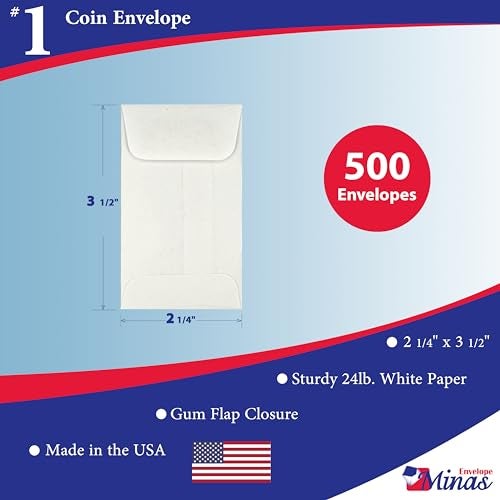 Minas Envelope 500 Minas Envelope #1 Coin Envelope, 2-1/4" X 3-1/2", Sturdy 24lb. White Paper, Gum Flap, 500 Envelopes (White) - Image 2
