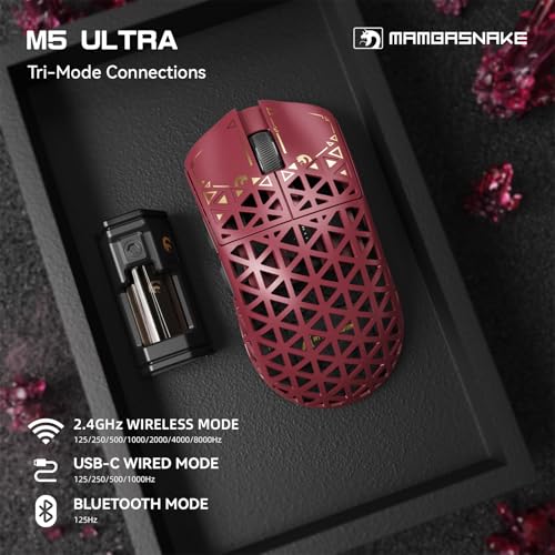 MAMBASNAKE M5 Ultra Carbon Fiber 8KHz Wireless Gaming Mouse,PAW3950MAX Sensor 42K DPI,39g Superlight Tri-Mode 2.4GHz/BT/Wired Computer Mice,Web Driver Support,for Win/Mac/FPS/MOBA/Esports-Red (A) - Image 2