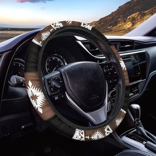 Wanyint Southwest Aztec Brown Black Car Steering Wheel Cover 15 Inch Universal Breathable Soft Anti-Slip Sweat Absorbent Car Accessory Fit for Most Vehicles - Image 1