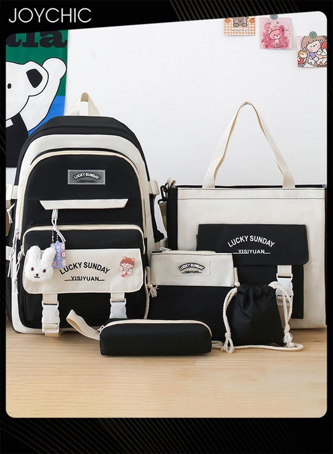 Joychic طقم حقيبة مدرسية مكون من 5 قطع للمراهقين سعة كبيرة نايلون مقاوم للماء ومتين حقيبة مدرسية مع حقيبة أقلام لطلاب المرحلة الابتدائية والمتوسطة والثانوية - Image 2