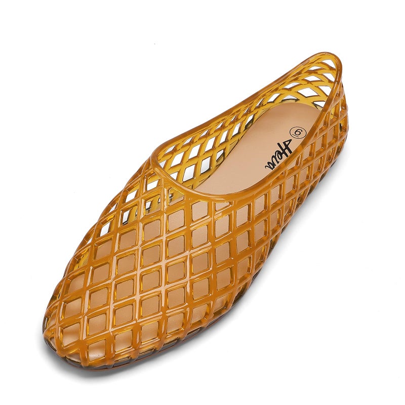 HEVA Women's Jelly Mesh Flats Breathable Clear Hollow Shoes Summer Beach Jellies Ballet Sandals(6 M US Lt Brown) - Image 3
