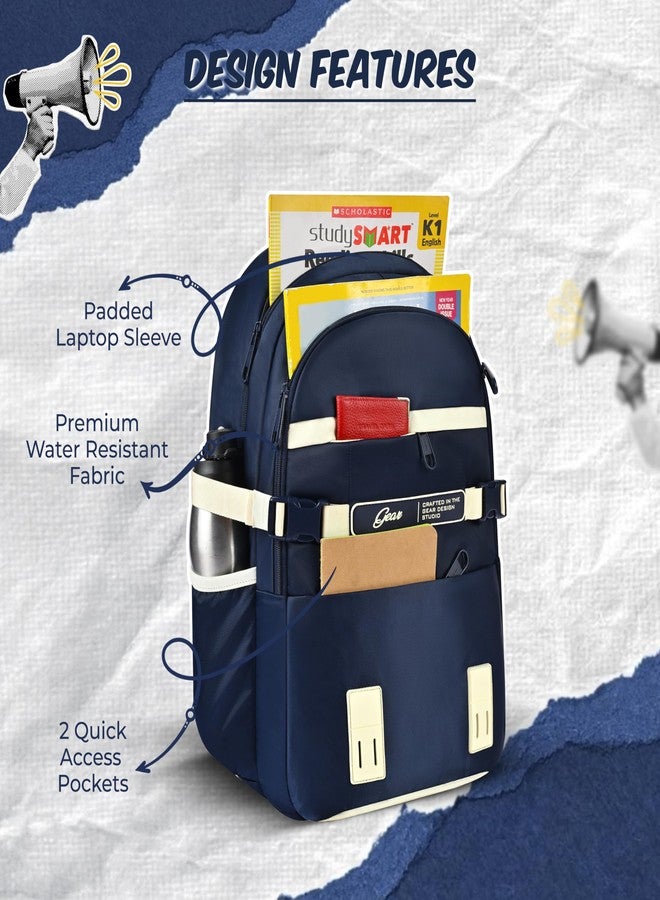 Gear Elegant 19"/35L Large Water Resistant School Bag | Casual Backpack | Daypack | Travel Backpack | Kids Bag for Boys/Girls (Navy - Beige) - Image 3