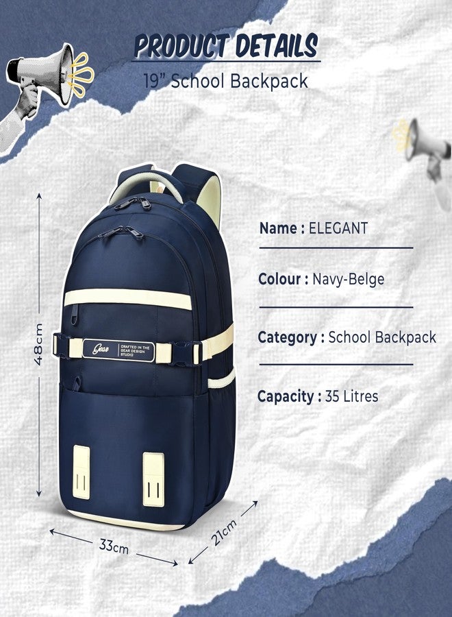 Gear Elegant 19"/35L Large Water Resistant School Bag | Casual Backpack | Daypack | Travel Backpack | Kids Bag for Boys/Girls (Navy - Beige) - Image 2