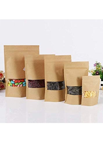 KCL - KCL Kraft Paper Stand up Pouches with Rectangle Transparent window (Food Grade) - Dimension - 4 * 6 Inches - Capacity - 100 Gms - Brown Color (With Ziplock) - Pack of 100 Pc - Image 1