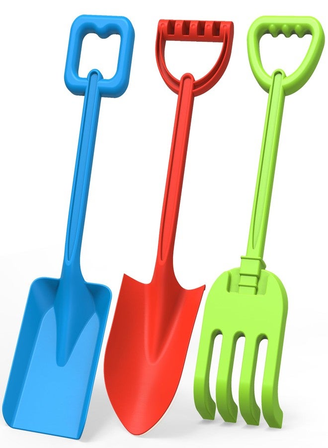 Dilabnba 16'' Kids Beach Shovels Sand Spades Toys Garden Tools, Wood Handle ABS Plastic Spade Rake Scoop for Digging Sandbox Gardening Snow Backyard Summer Outdoor Toy 3 PCS, Blue/Green/Red - Image 1