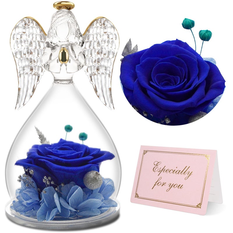 Yamonic Mom Birthday Gifts for Mom Angel Figurines with Real Rose Gifts for Her Mom GrandmaPreserved Flowers Rose Angel Figurines for Mothers Day Christmas Anniversary Birthday Gifts for Her Blue