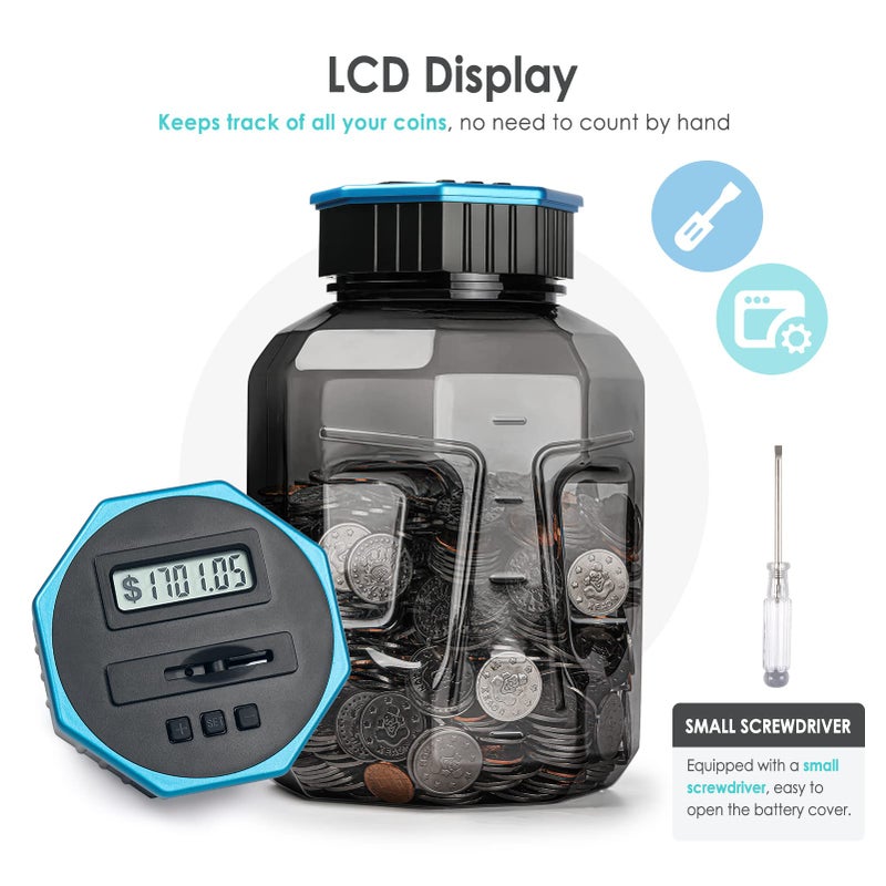 Vcertcpl X-Large Piggy Bank for Adults Kids, Vcertcpl Digital Coin Counting Bank with LCD Counter, 2.4L Capacity, Great Coin Counter Bank Money Counting Jar with Total Amount Displayed (Gray2, X-Large) - Image 4